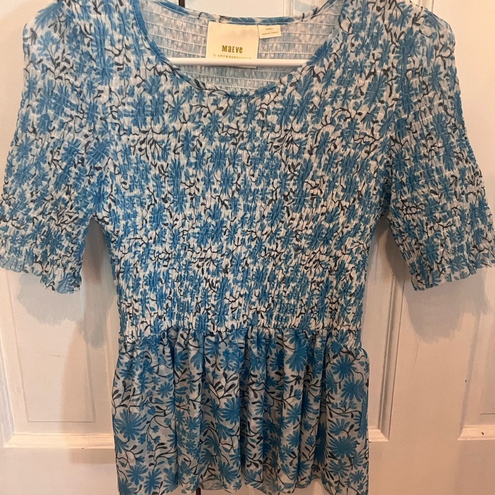 Maeve Blue Smocked Peplum Blouse